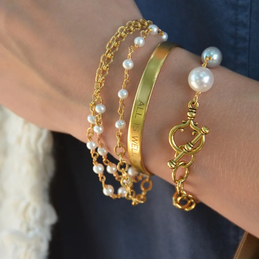 gold bracelet, gold and pearl bracelet, pearl bracelet, two pearl bracelet, chain link bracelet