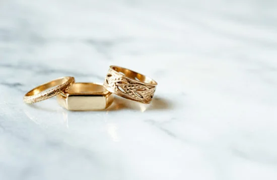 From left to right: (click to shop) 14k Gold Winthrop Ring , 14k Gold Patrick Ring , 14k Gold Vine Ring