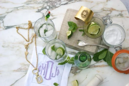Refreshments on the patio. Necklace on left: 33" Edinburgh Key Necklace Cuff on right: Woodley Cuff Bracelet