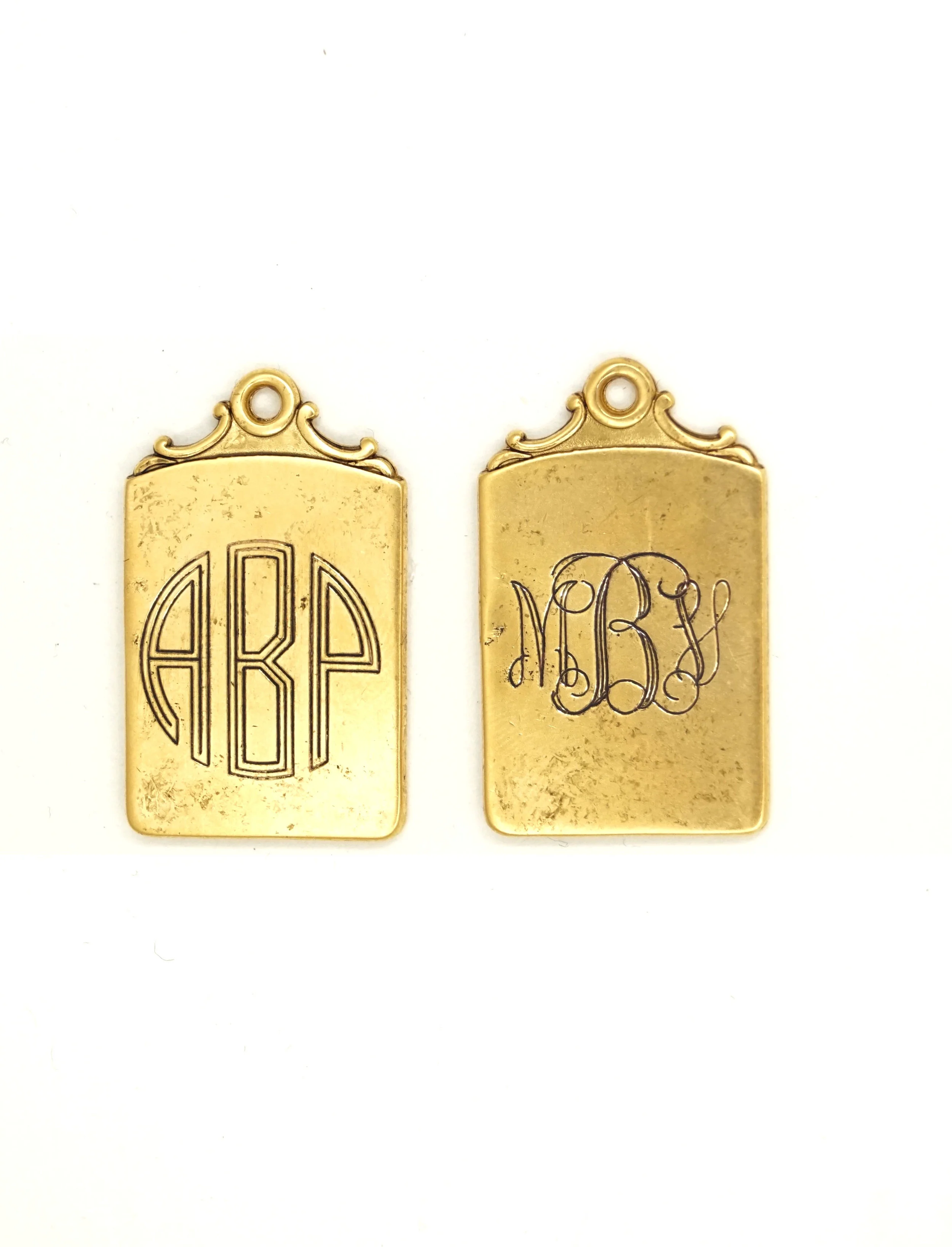 Triple letter in circle monogram font on left. Triple letter in script font on right