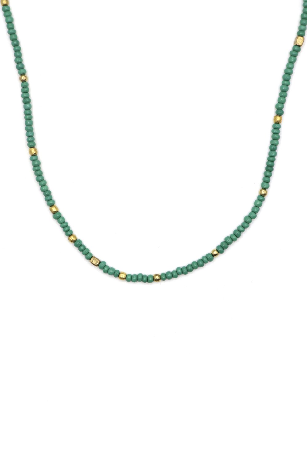 17-20" Vintage Green and Brass Beaded Necklace