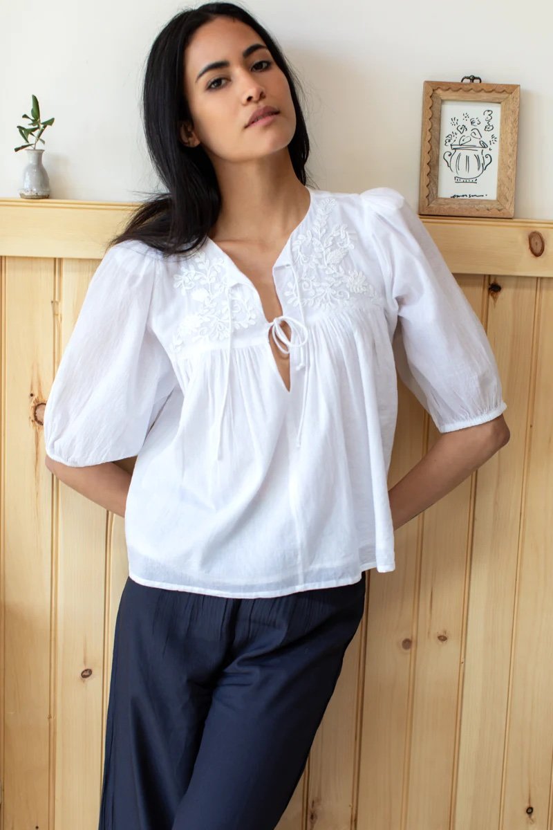 Embroidered Puff Isla Top in White from India Collection by Emerson Fry