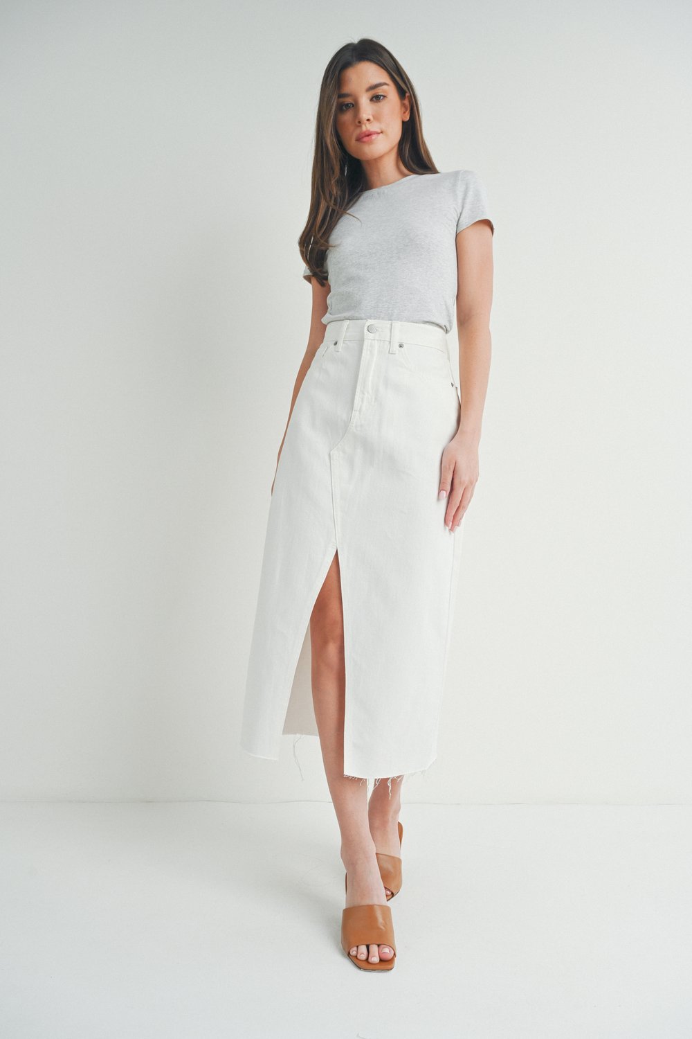 Open Slit Midi Skirt in White from Just Black Denim