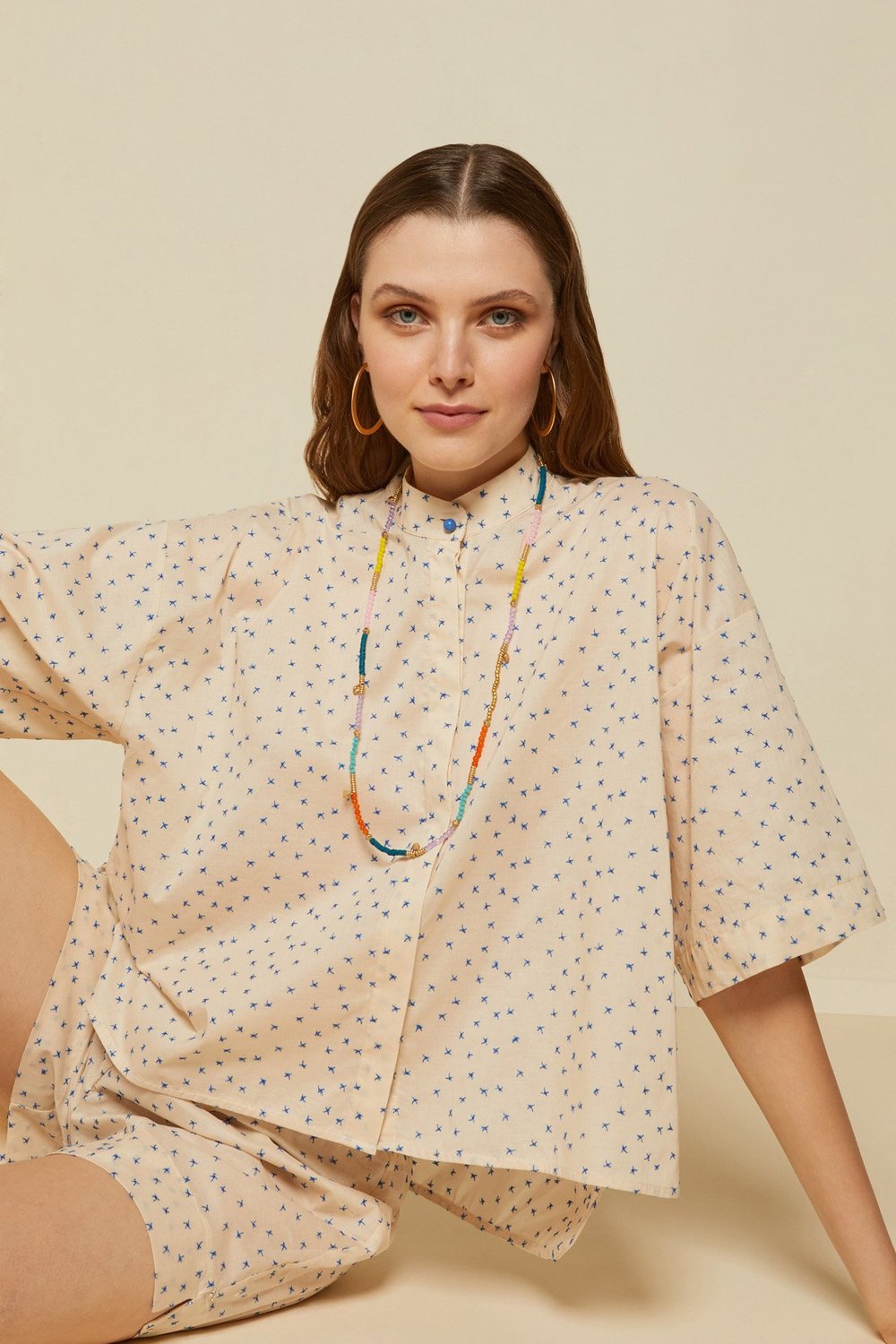 Eleanor Blouse in Oatmeal/Blue from Ottod'Ame