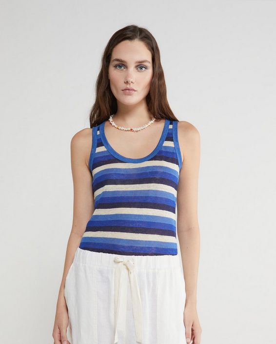 Linen Tank Top in Blue Stripes from Ottod’Ame
