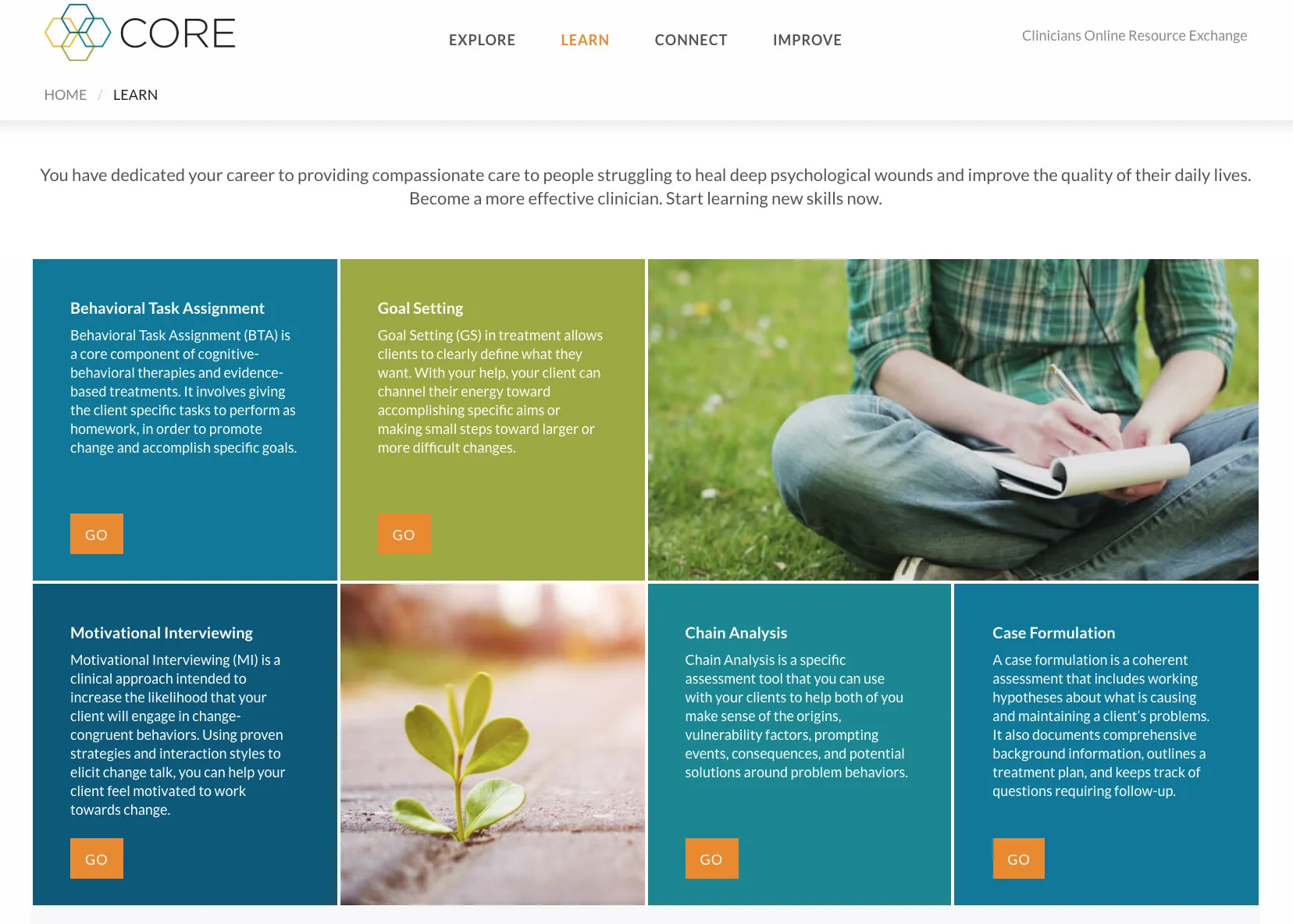 Main learning page with the different topics.