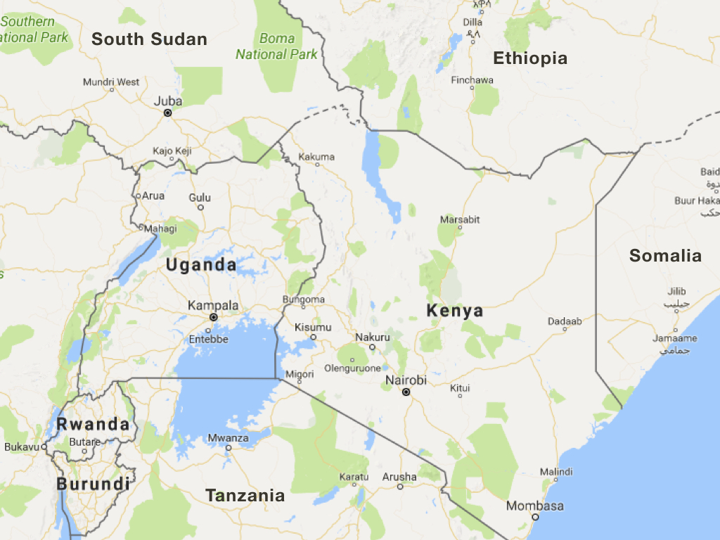 Kenya is bordered by four countries, Tanzania, Uganda, Somalia, Ethiopia, and South Sudan.