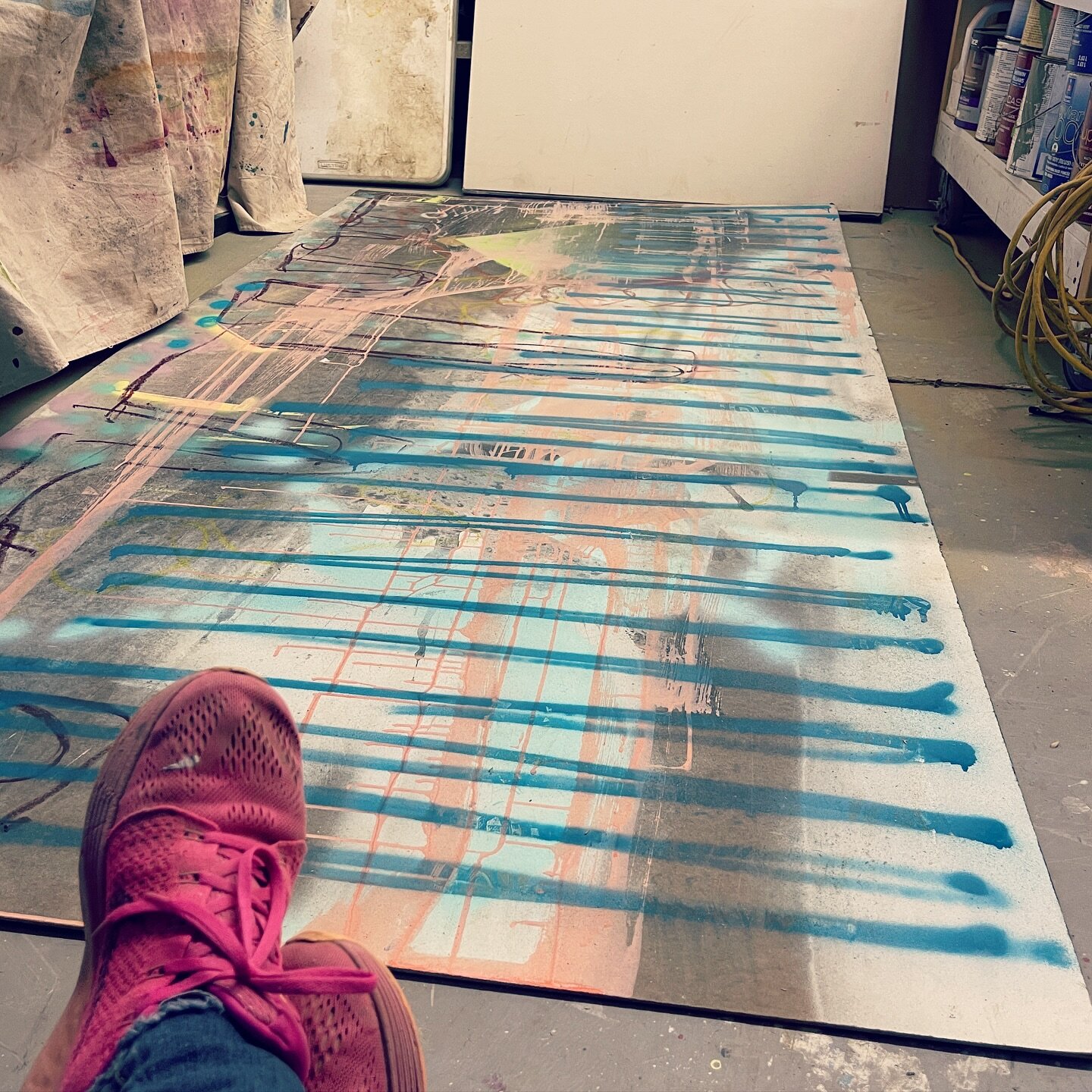 Some days I just need to sit and ponder. This little (48&rdquo;x96&rdquo;) number was protecting the living room floor on the jobsite of a @roccacustomhomes house. After it&rsquo;s lived that life I drag it to my studio and use it for a top on my wor