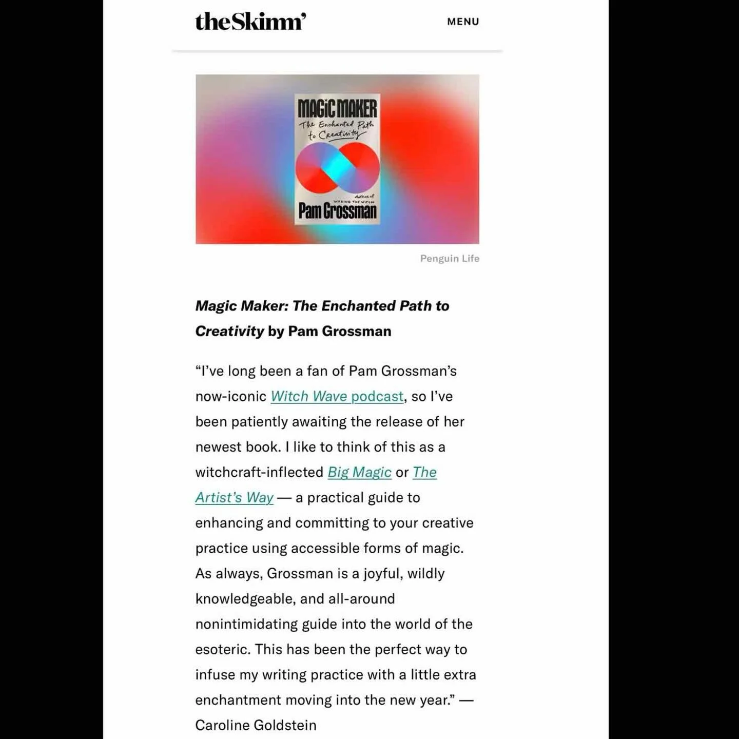 Grateful to @theskimm for this wonderful endorsement of MAGIC MAKER. Thank you, #CarolineGoldstein