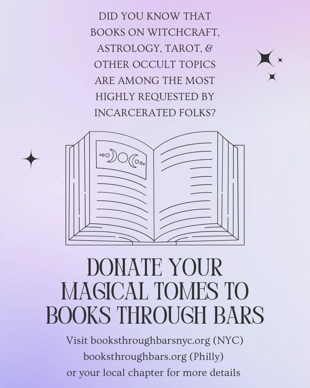Just dropped off a big bag of magical books by me and many others to my local Books Through Bars chapter @booksthroughbarsnyc. New or gently used, not written in or highlighted, SOFTCOVER books on *many* topics are requested by incarcerated folks, an