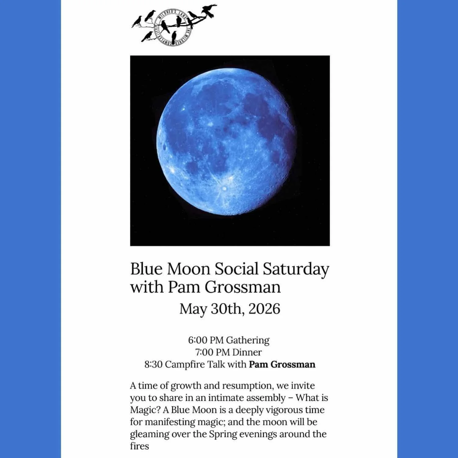 Please join me at @mildredslane next Sat, May 30 for an enchanted evening of food, ritual, and conversation under the Blue Moon. 🔵🌕

&ldquo;A time of growth and resumption, we invite you to share in an intimate assembly &ndash; What is Magic? A Blu