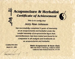 Certificate of Mastery Received after completing a 4,000 Hour Clinical Internship in Acupuncture, Herbs, Anmo, and Medical Qigong Therapy