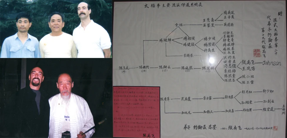 Top Left : 1993 – Chen Family Taijiquan Master Zhang Yu Fei, Grand Master Feng Zhi Qiang and Shifu Jerry Alan Johnson, (Beijing, China) Far Right : 1993 – Shifu Jerry Alan Johnson accepted as a 20th Generation Lineage Disciple of Chen Family Taijiquan (Beijing, China) Bottom Left : Shifu Jerry Alan Johnson and Baguazhang Master Duan Zhi Liang (Beijing, China)