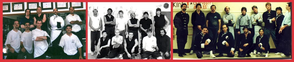 Left : 1997 – Lineage Disciples of Chen Family Taijiquan pass their “Fighting Test” in the Guan (Training Hall), Pacific Grove, California Center : 1993 – Fighters from the Ching Lung Martial Arts Kung Fu School in the Guan (Training Hall), Pacific Grove, California Right : 1988 – Sifu Jerry Alan Johnson and his senior Kung Fu Disciples, after a Demonstration at the Carmel Sunset Center