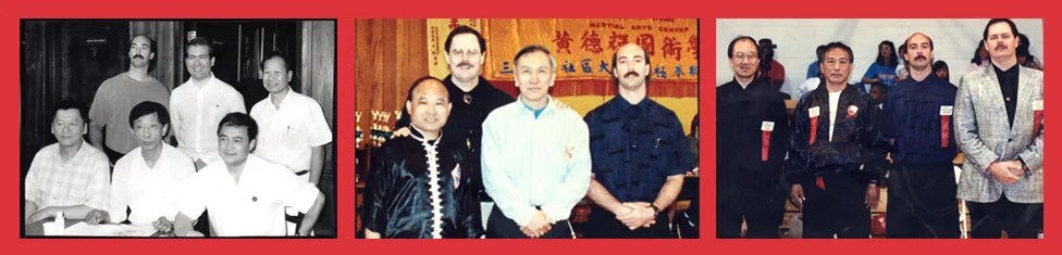 Bagua Masters Left :Back Row – Bagua Masters: Jerry Alan Johnson, Ken Fish, and Wai Lun Choi; Front Row – Bagua Masters: Lin Chih-Young, Park Bok Nam, and Liang Shou Yu Center : Bagua Masters: Y.C.Wong, John Painter, Chien Liang Huang, Jerry Alan Johnson Right : Bagua Masters: Zhao Da Yuan- Adam Shu, Jerry Alan Johnson, John Painter