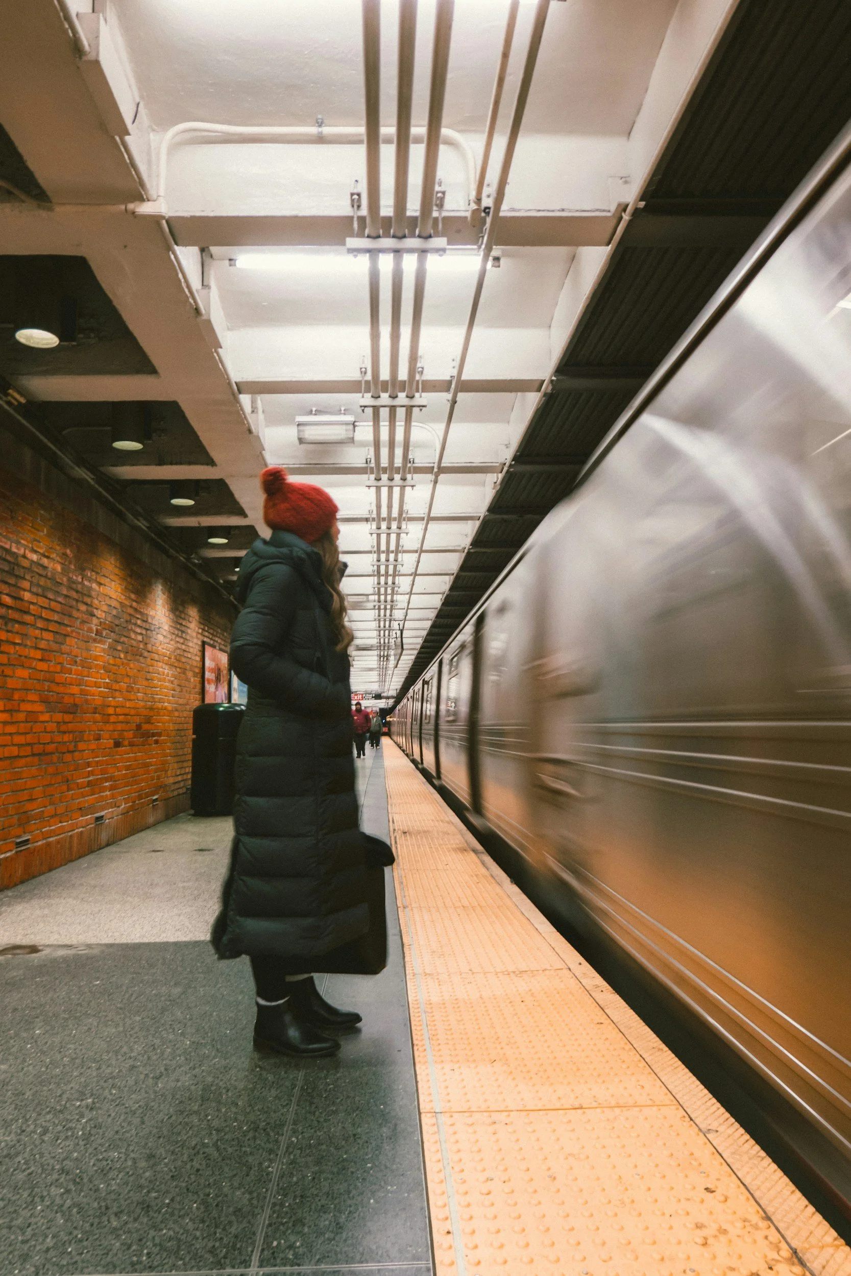 Woman with anxiety enters the subway