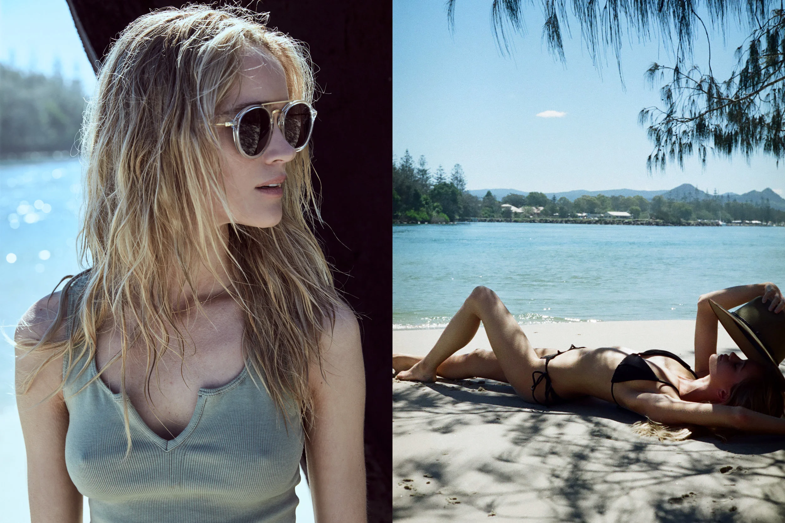 Left: Top - Rowie The Label. Sunglasses - Sabre. necklace - Temple Of The Sun. Right: Bikini - San Taylor. Hat - Fallen Broken St