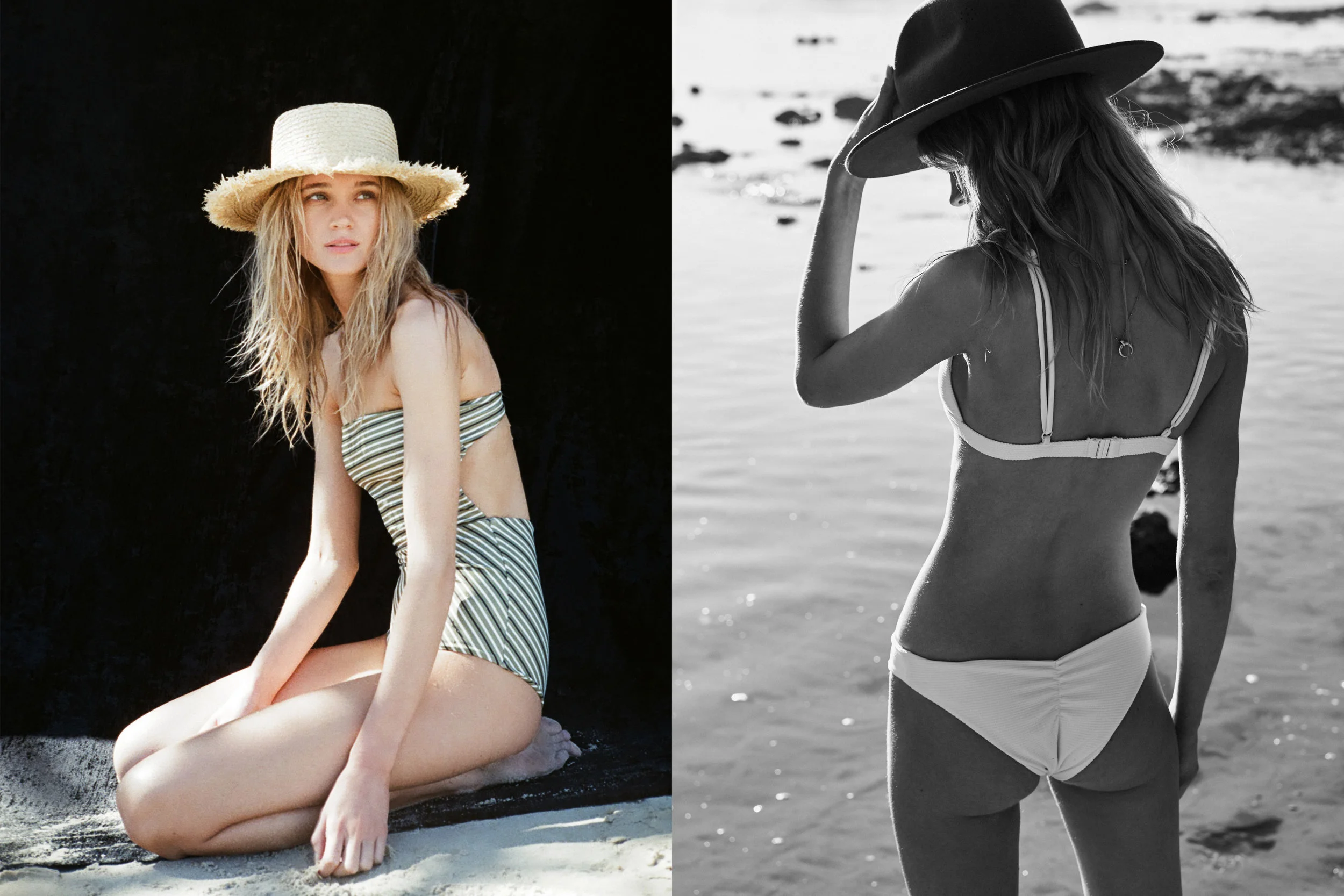 Left: Stripe Swimsuit - Rue Stiic, Straw hat - Fallen Broken St. Right: Bikini - Afends, Hat - Fallen Broken St, Necklace - Missoma.
