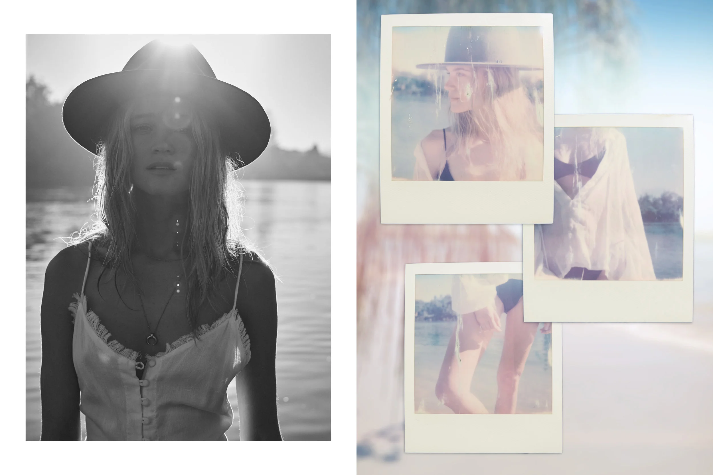 Left; Hat - Fallen Broken St, Top - Rue Stiic, Necklaces - Temple Of The Sun & Missoma. Right; Top - Rue Stiic, Bikini - San Taylor, Hat - Fallen Broken St