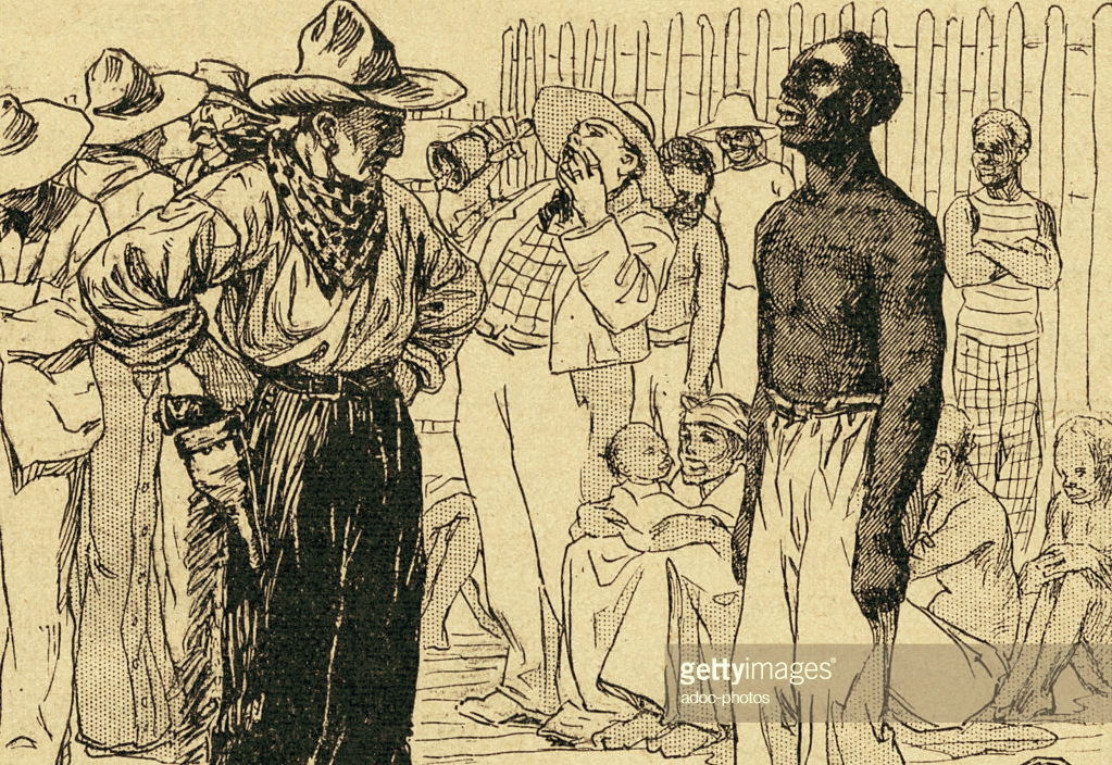 ("The purchase of a slave on a slave market in the South of the United States. In the 19th century," 1900, https://www.gettyimages.co.uk/detail/news-photo/the-purchase-of-a-slave-on-a-slave-market-in-the-south-of-news-photo/526782316#/the-purchase-of-a-slave-on-a-slave-market-in-the-south-of-the-united-picture-id526782316)