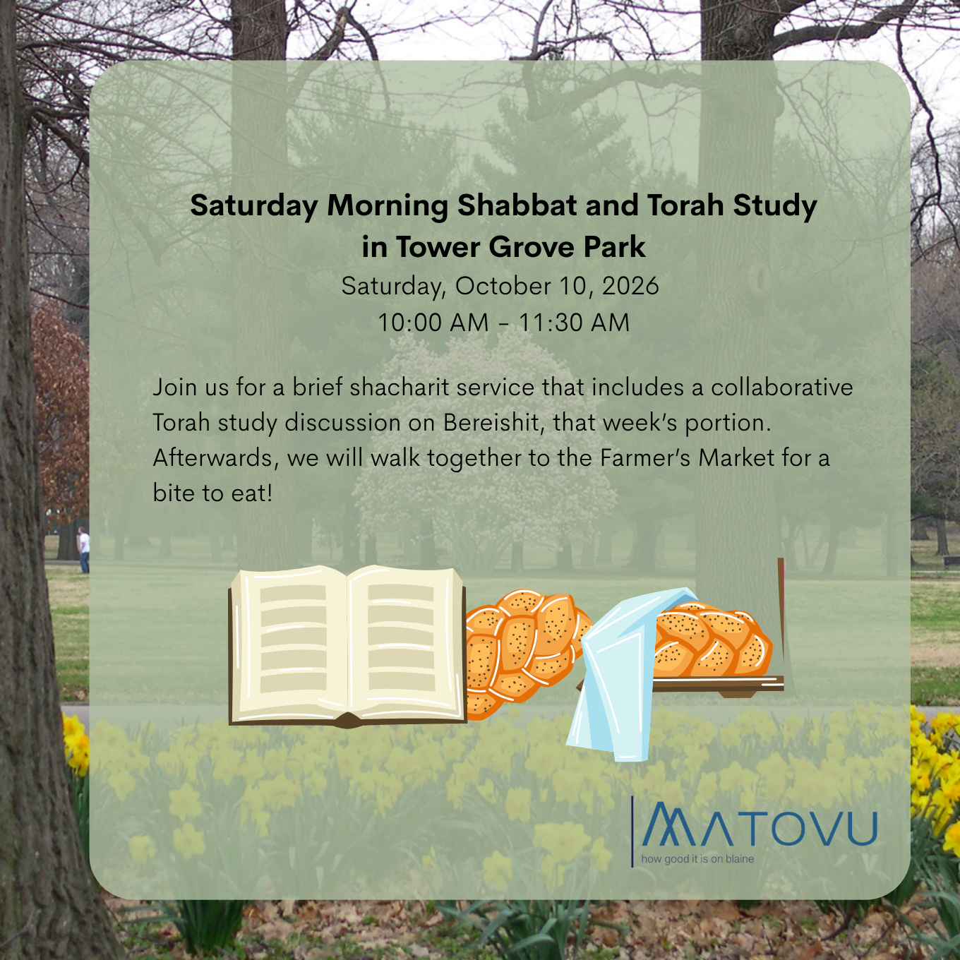 Saturday Morning Shabbat and Torah Study in Tower Grove Park