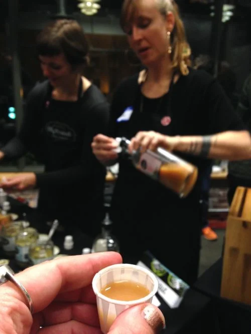 Owner Sash Sunday of Olympia’s OlyKraut serving up all different kraut samples (also available in Portland markets) AND pouring shots of spicy spectacular pickle brine. YUM!! Next level ingredient for rad Bloody Marys.