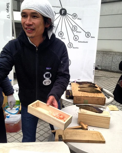 Yusuke Sezaki (one of my favorite people that I met in Tokyo) of the legendary Kaneshichi — maker of katsuobushi. Yusuke is who Rene Redzepi travels to in order to learn about katsuobushi. Redzepi is currently experimenting with making bear and venison katsuobushi. Yusuke is helping him.