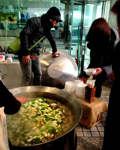These folks put together enormous pot after boiling pot of imoni with lots of miso, taro, burdock and wild mushrooms. Both days of F3 were extremely windy and cold so this was a very popular soup. They would hit the soup lid as they propped it up really hard with the ladle, treating it like a giant gong, every time that the soup was ready.
