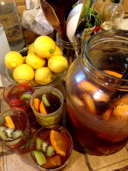 e started off the night with Toro’s White Sangria that I made with my homemade Concord grape wine. It was really citrusy and yummy with sliced oranges and kiwi. Tastes like summer.