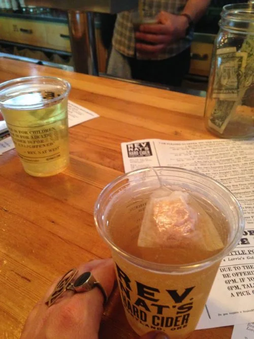 The Rev. Nat Beers Made By Walking CIDER that launched that night. Wood shavings in the tea bag for flavor.
