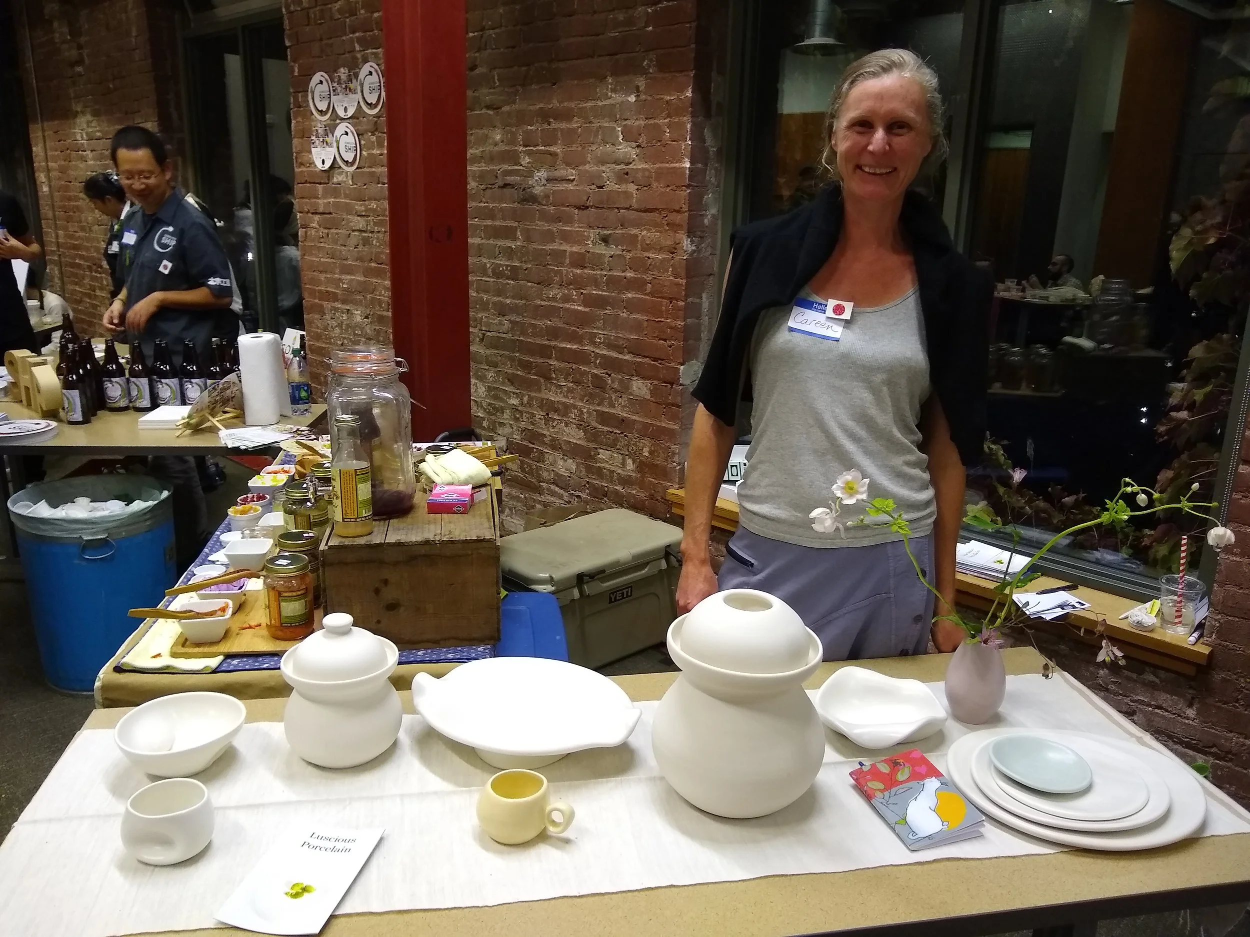 Even though our festival is strictly a no-sales event (we want folks to have non-transactional conversations — to learn, skill share, get recipes, be inspired), Careen Stoll comes with her beautiful handmade porcelain crocks and pottery year after year from www.lusciousporcelain.com. We love her and we highly recommend all of her beautiful work.