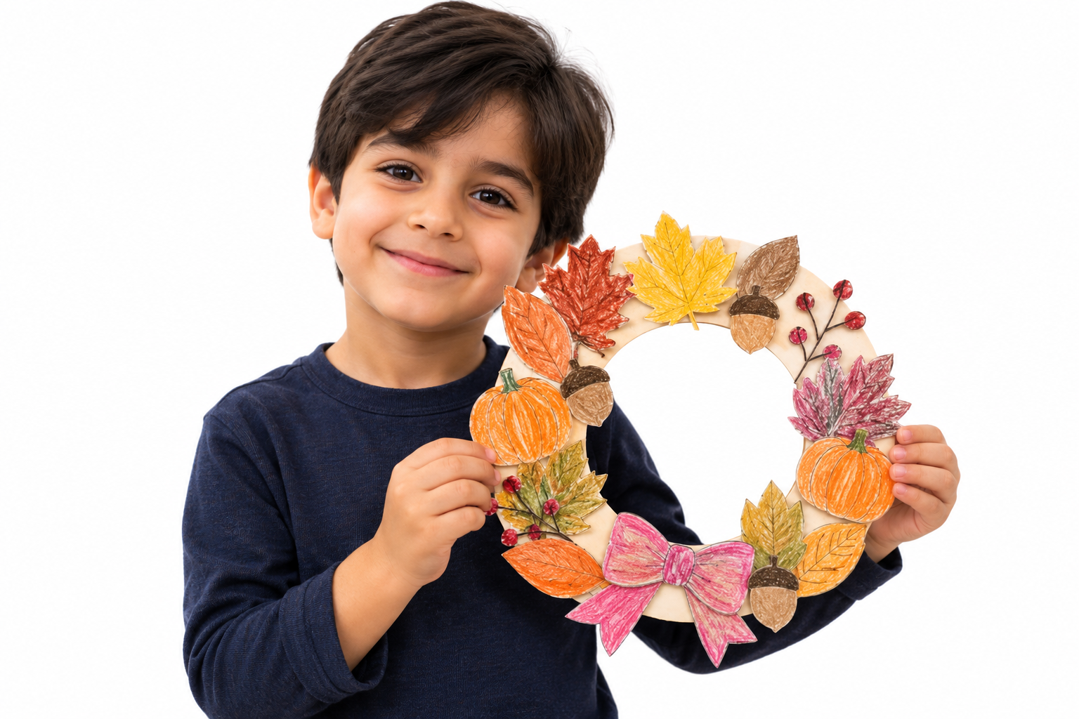 Young Boy Showcasing Autumn Wreath.png