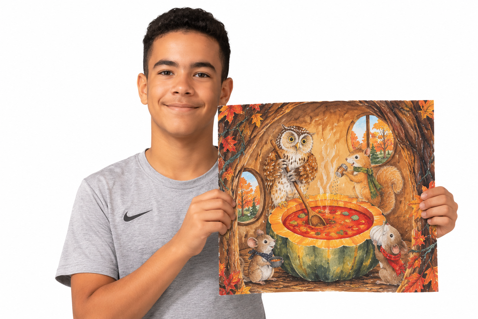 Teenage Boy Showcasing Autumn Woodland Art.png