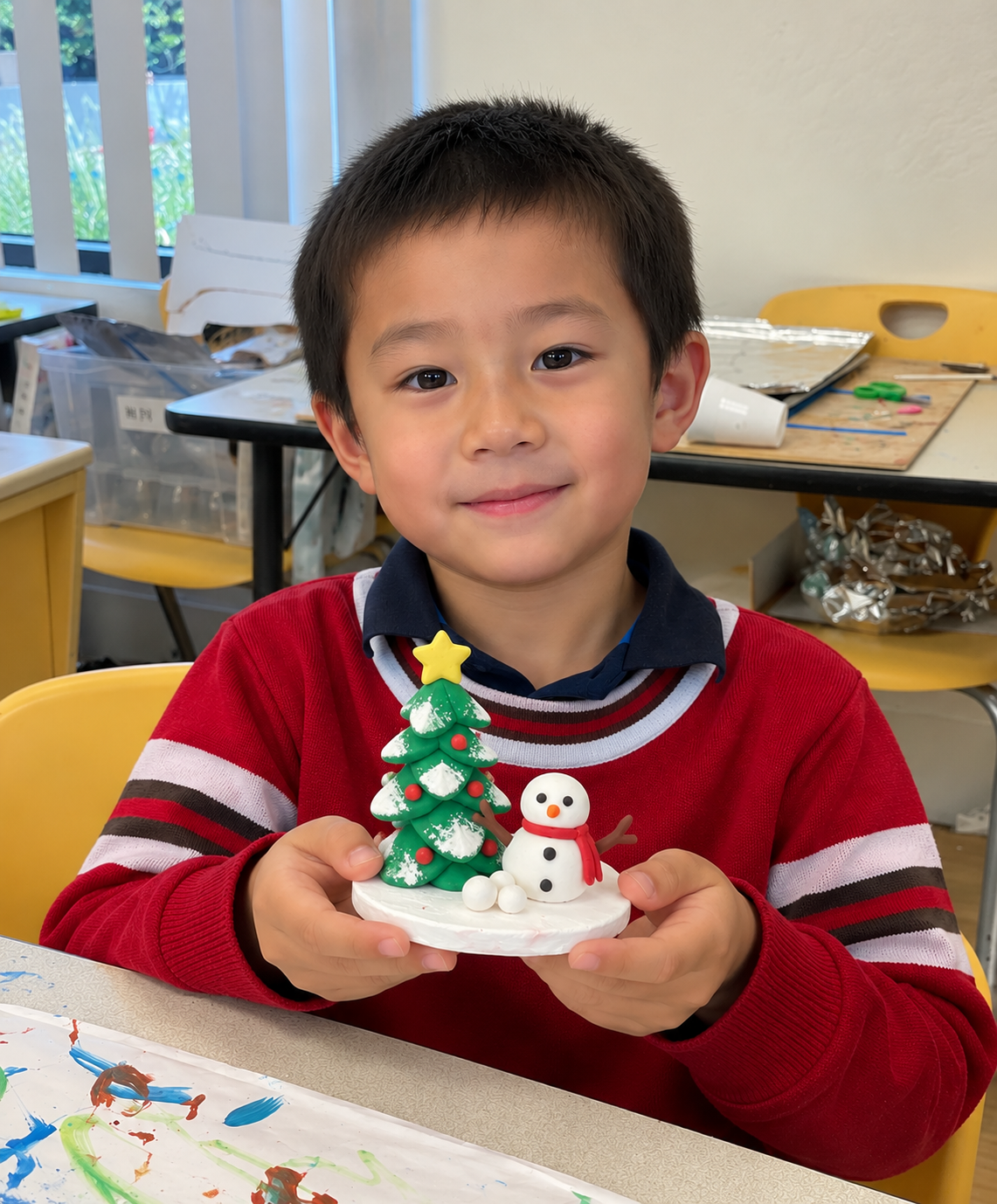 Boy Presenting a Festive Clay Winter Scene.png