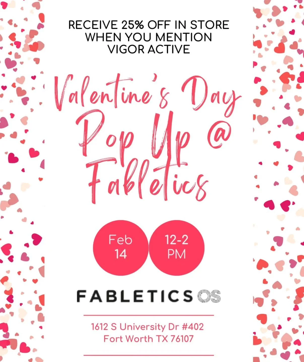 Mark your calendars to check out @fabletics on University THIS Valentines Day! ❤️❤️❤️

Stop by and Say Hi to CJ from 12-2pm  Sat Feb 14
And receive 25% OFF your in-store purchase!!🤑🤑

Get your new athleisure gear before you spend time with your swe