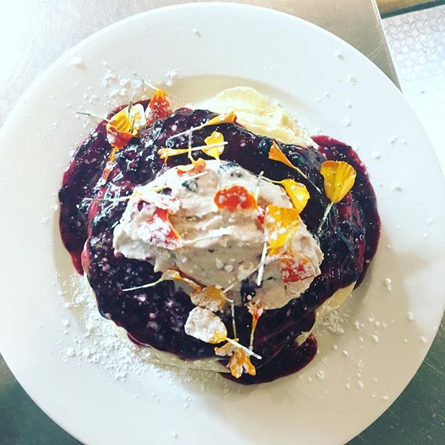 Special pancakes buttermilk cakes/ blueberry jam/ blueberry whipped cream/ flowers open till 3 #ottawabrunch #613ottawa #ottawaeats #ottawarestaurants #pancakes #weekendbrunch