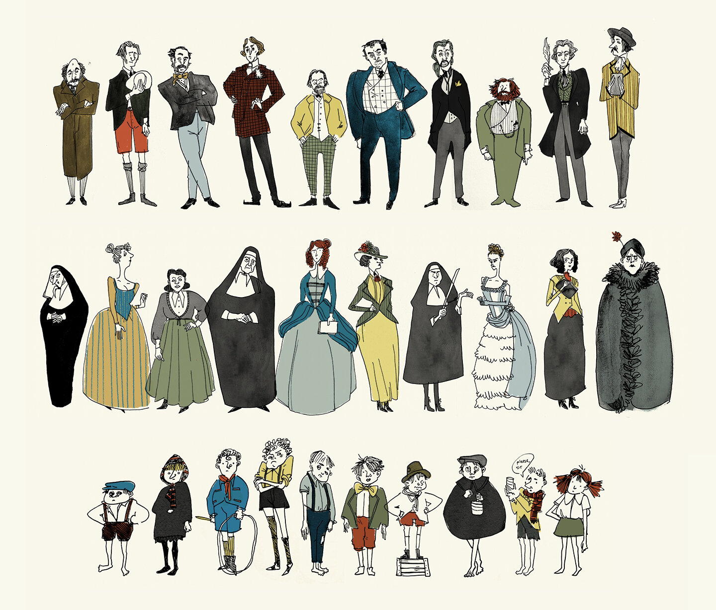 Lineup of British Victorian character designs