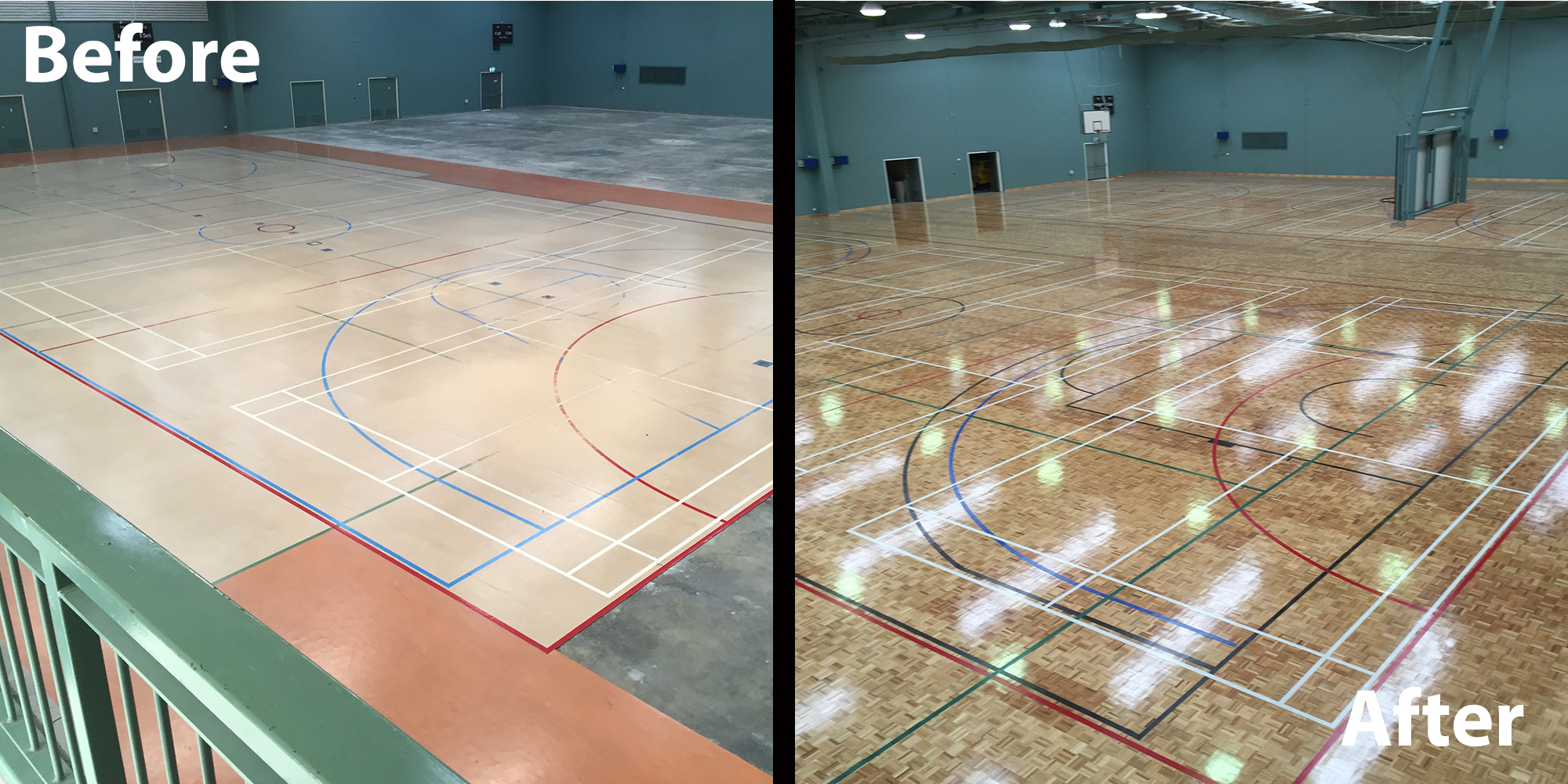 Perth indoor timber basketball sprung floor renewed to patterned timber by WA Hardwood Floors