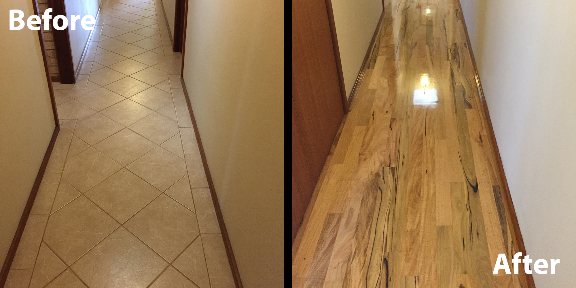 old tile hallway renovated with hardwood timer flooring