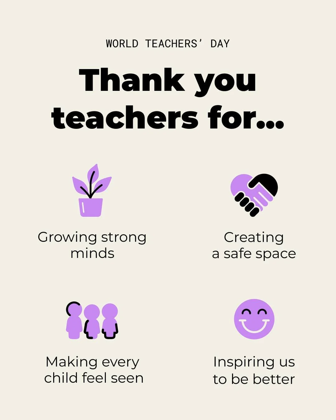 Teachers, this one&rsquo;s for you. 💜

This World Teachers' Day, we're celebrating YOU and the difference you make every single day!

Let&rsquo;s fill the comments with teacher love today! Tag a teacher in your life to send some gratitude their way 
