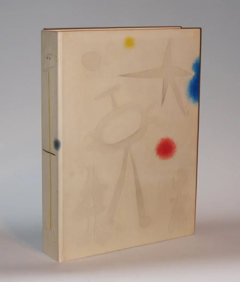 ENCLOSURE FOR JOAN MIRO LITHOGRAPHS WITH TRISTAN TZARA POEMS (CALF LEATHER, IMPRESSION TECHNIQUE, PAINT)