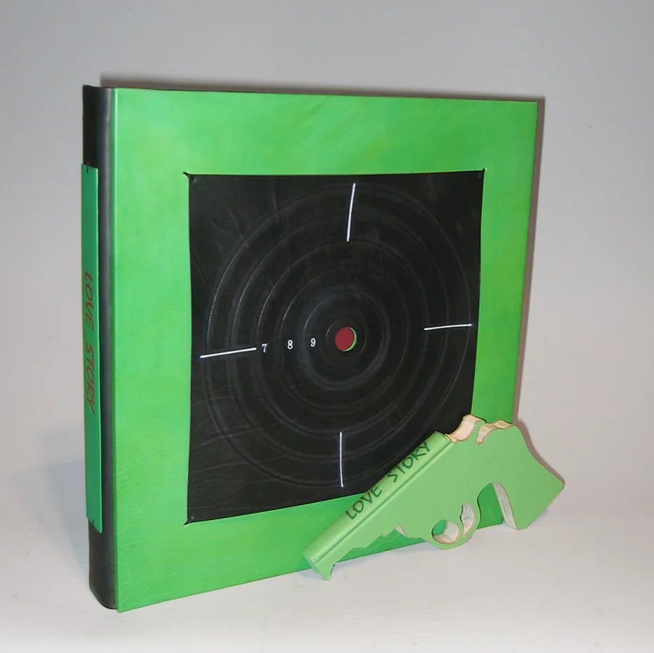 ENCLOSURE FOR ROBERT THE BOOKGUN "LOVE STORY" (H:11 1/4" X W:11 1/8" X D:5/8"; HAND DYED LEATHER)