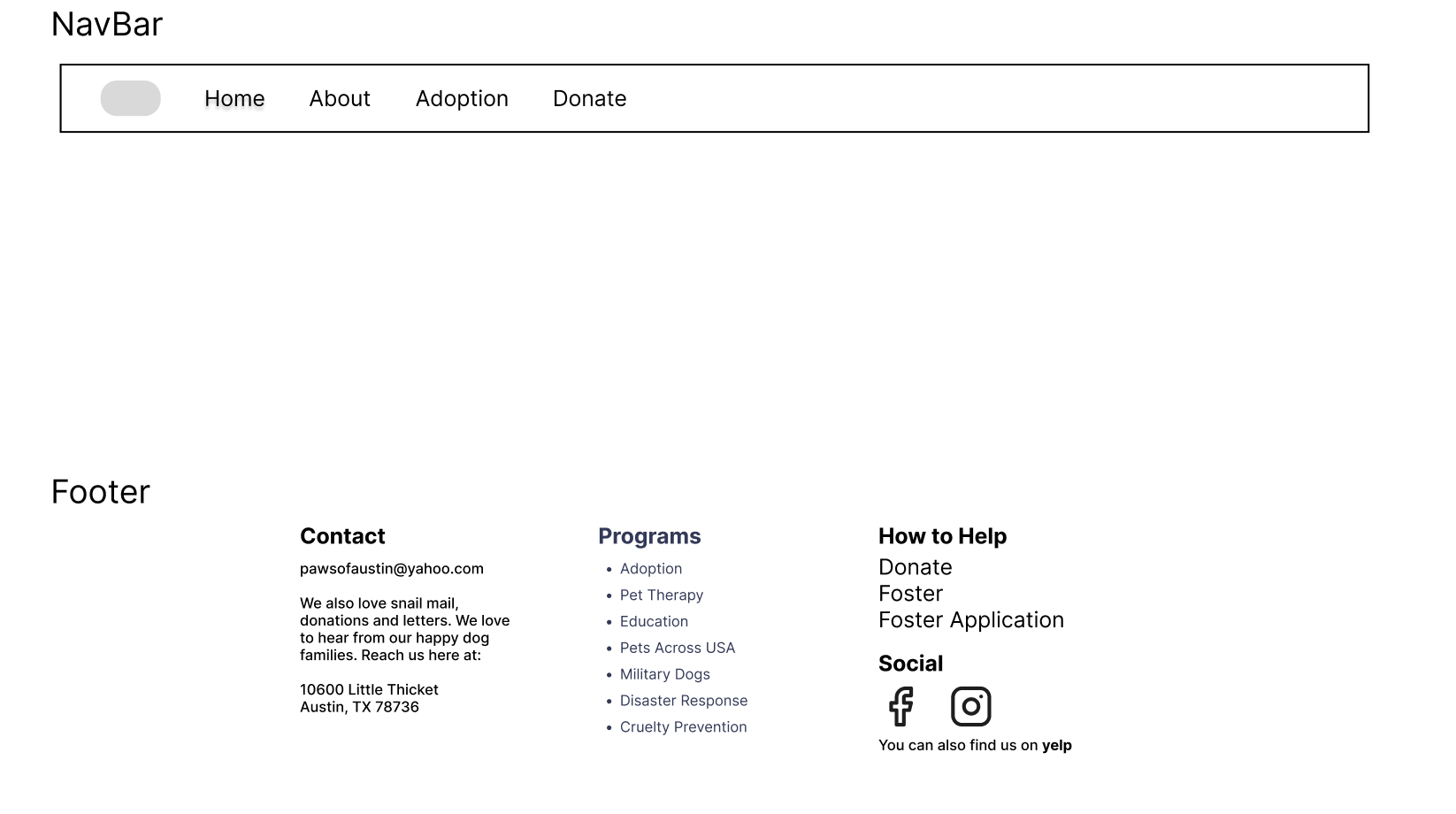 Lo-Fi Wireframe of Nav Bar and Footer after card sorting activity
