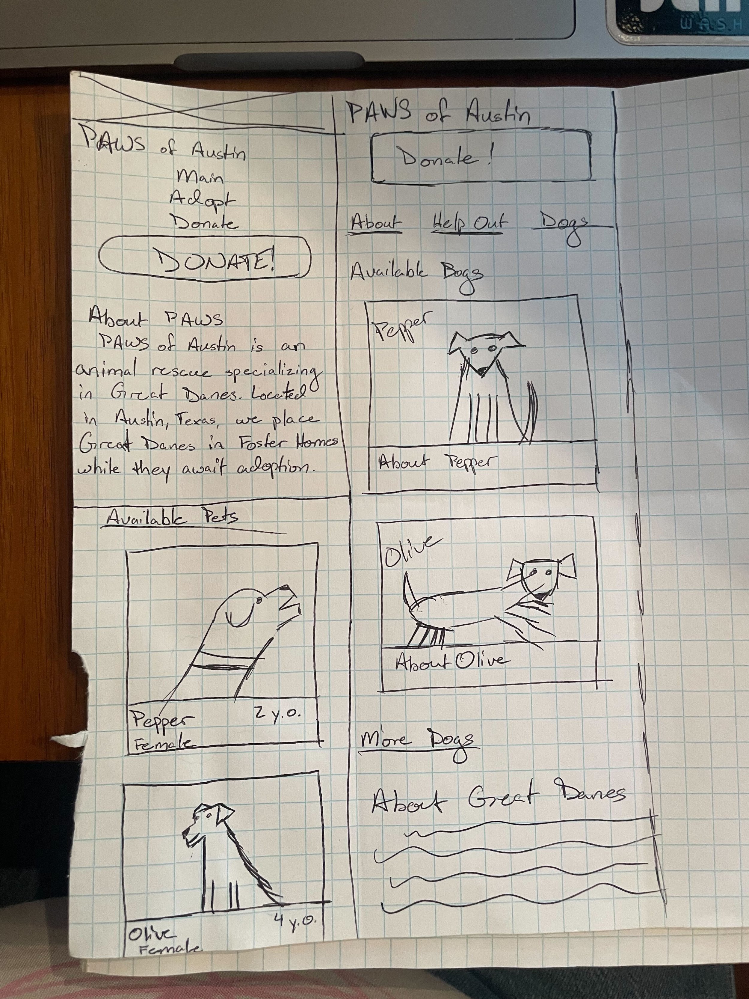 A sketched mock up of the possible new webiste design
