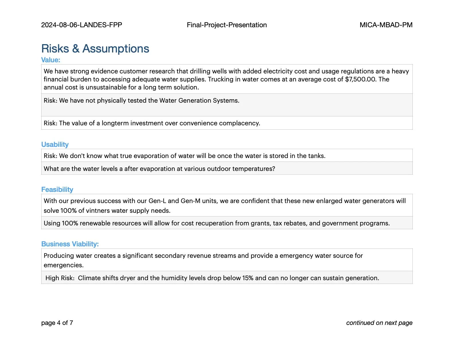 A document titled 'Risks & Assumptions' with sections discussing risks, usability, feasibility, and business viability, including specific points about water supply, water generation systems, renewable resources, and climate impacts.