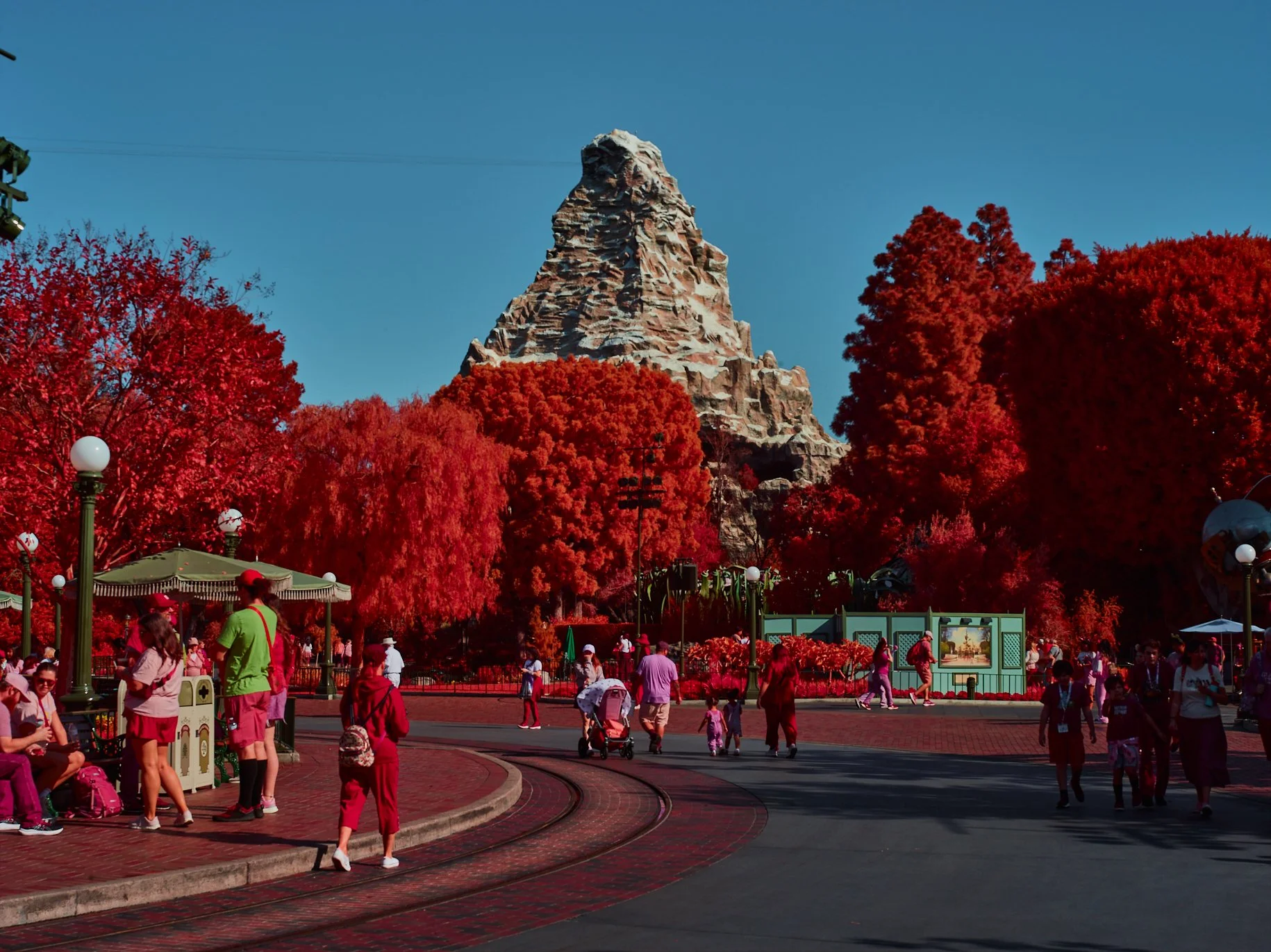 The Matterhorn stands tall against the trees, its infrared glow casting a red hue over the leaves, blending the spectral worlds within. 