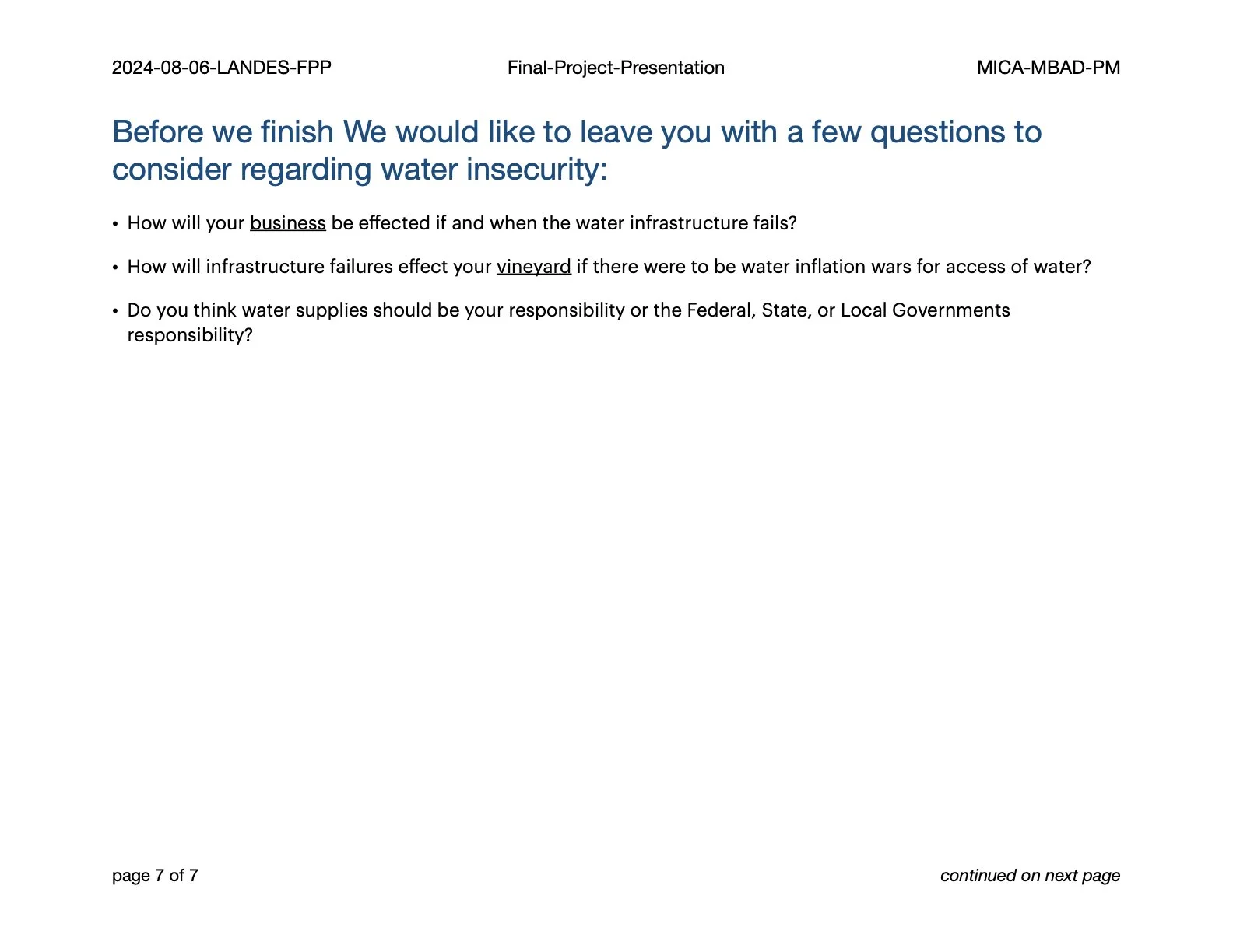 Screenshot of a presentation slide discussing water insecurity, with questions about business impact, infrastructure failure, and responsibility for water supplies.