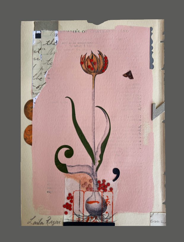  TULIP MEMOIR  COLLAGE &amp; ACRYLIC ON VINTAGE BOOK PAGE  6" X 8.375" | AVAILABLE 