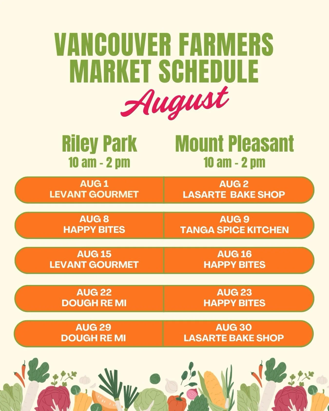 August is here, and that means market mornings, sunshine, and delicious food made by women entrepreneurs of our community.

This month, you can find our Dream Cuisines 2026 vendors at Riley Park Farmers Markets on Saturdays and Mount Pleasant Farmers