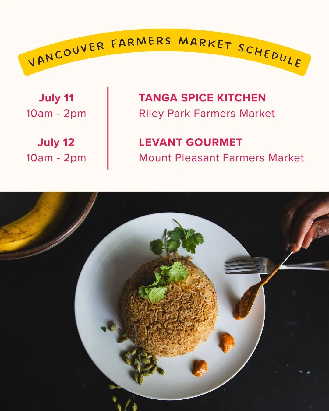 This weekend, meet us at @vanmarkets for a taste of Tanzania 🇹🇿 and Syria 🇸🇾! 

Amina Kihange of @tanga.spice.kitchen will be selling her signature pilau, a fragrant, spiced rice dish taught to her by her mother along with her special chilli sauc